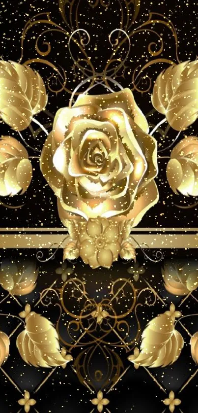 Luxurious golden rose wallpaper with ornate design.