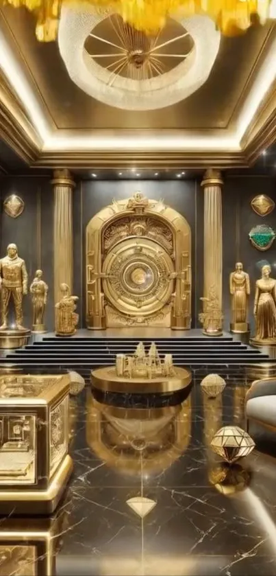 Luxurious golden interior with elegant sculptures and ornate designs.