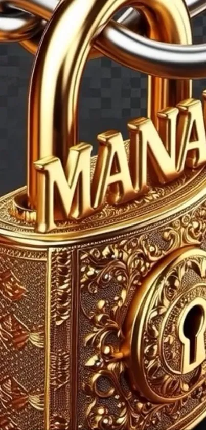 Intricate golden padlock with luxury details on wallpaper.