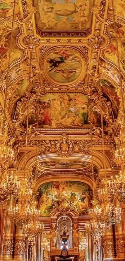 Golden palace ceiling with intricate details and chandeliers.