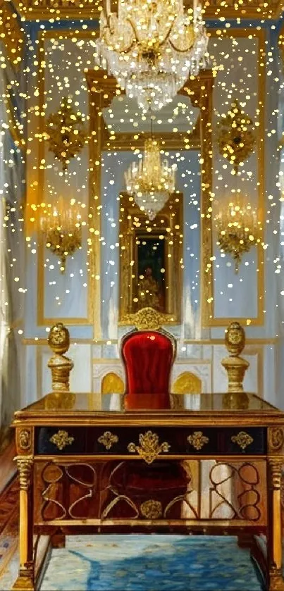Luxurious golden palace interior with opulent chandeliers and regal furnishings.