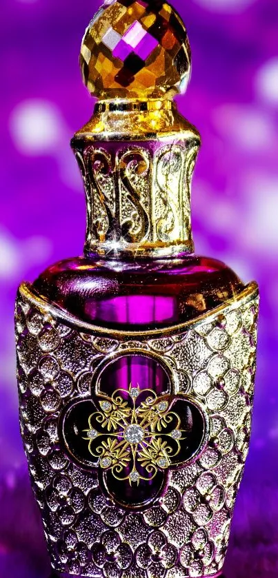 Luxurious golden perfume bottle with intricate details on a purple background.