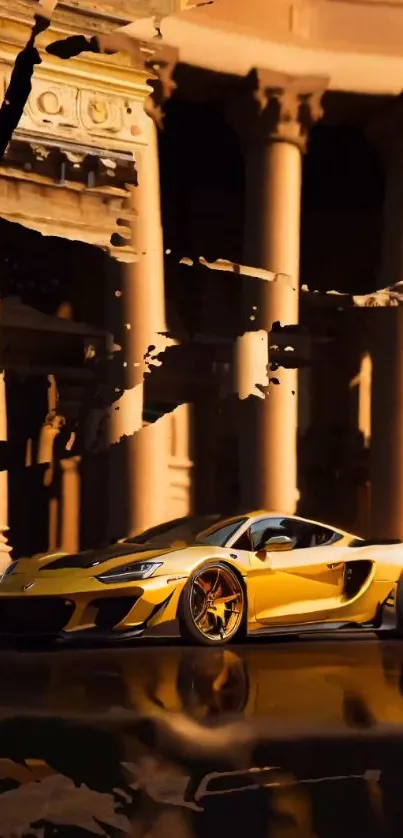 Luxurious golden sports car with classical architecture backdrop.