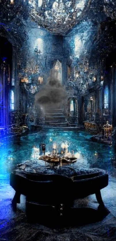 Luxurious gothic palace with chandeliers and blue accents.