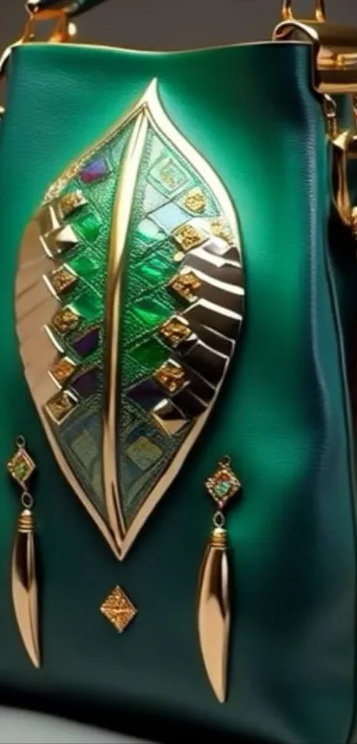 Luxurious green bag with gold detail.
