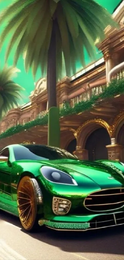 Elegant green car with palm trees in a luxurious setting.