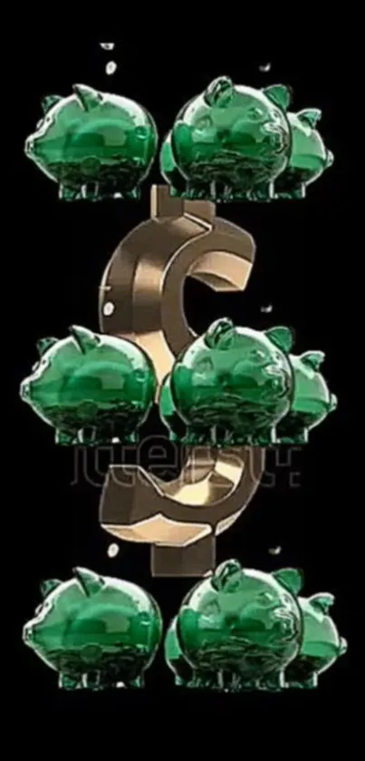 Glossy green piggy banks with dollar sign on black background.