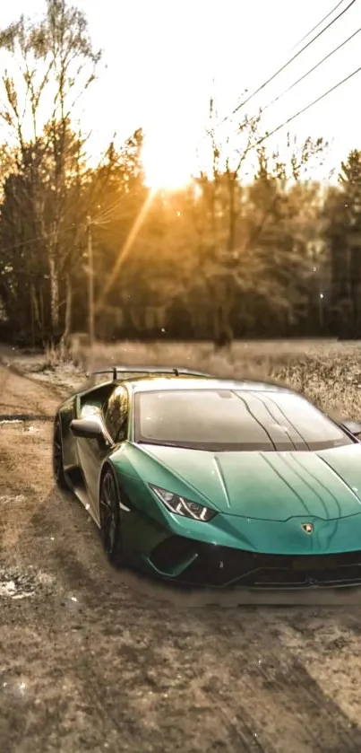 Luxurious green sports car on a scenic road.