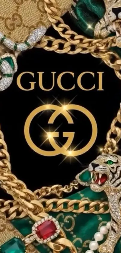 Luxurious Gucci-themed wallpaper with gold and emerald accents.
