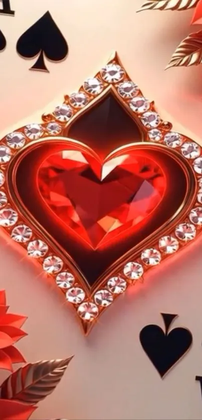 Elegant gemstone heart on a playing card background.