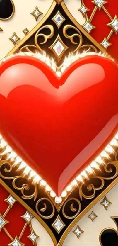 Red heart design on luxury card-themed wallpaper with gold and diamonds.