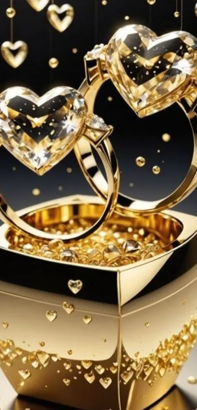 Luxurious golden heart-shaped jewelry with sparkling gems.