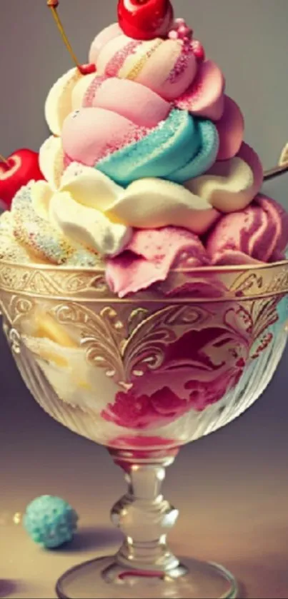 Elegant ice cream sundae with vibrant colors in a decorative glass dish.