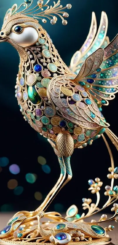 Luxurious golden bird with gems as phone wallpaper.