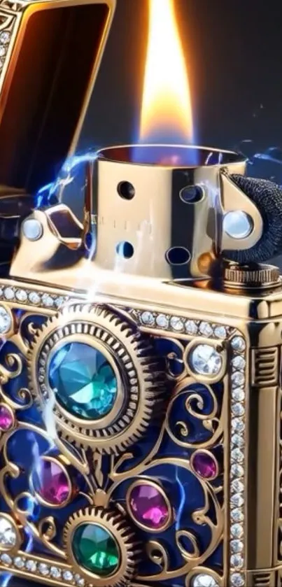 Jewel-embellished lighter with intricate designs and vivid flame.