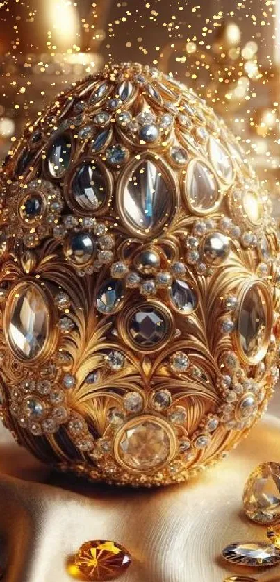 Luxurious jewel-encrusted egg on silk background with sparkling details.