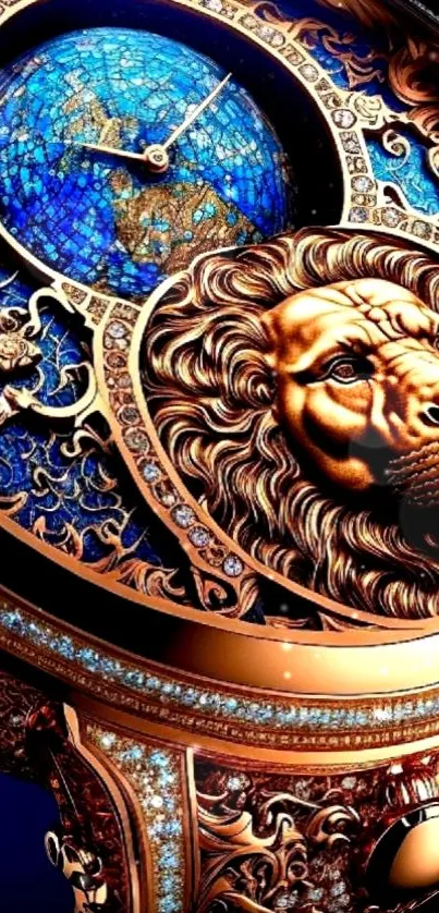 Luxurious clock with lion motif and blue accents on a mobile wallpaper.