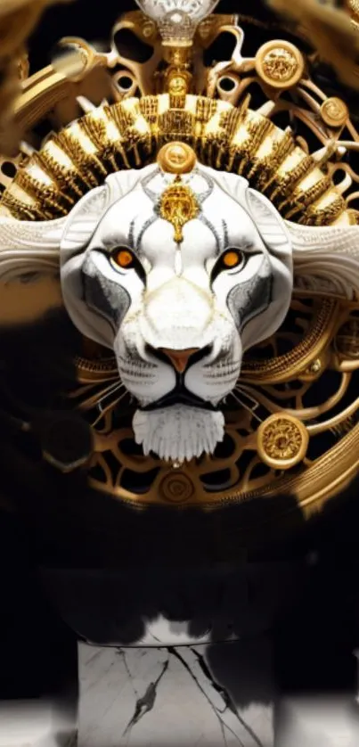 White lion head with gold details in luxurious wallpaper design.