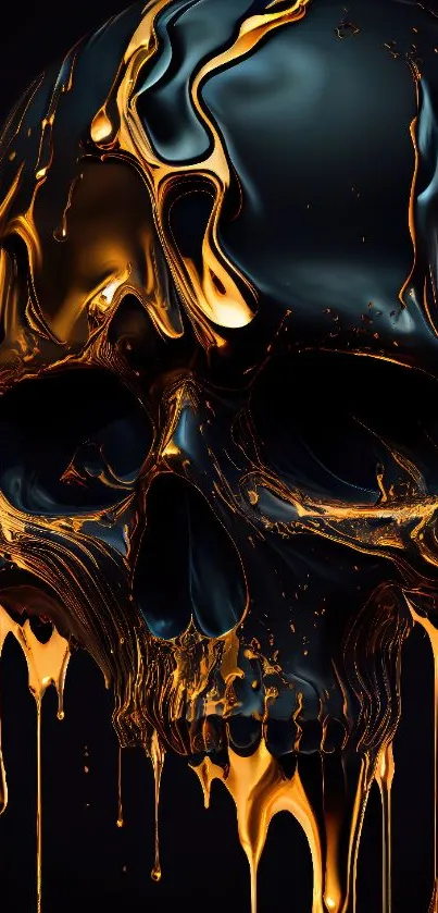 Luxurious gold liquid skull on dark background wallpaper.