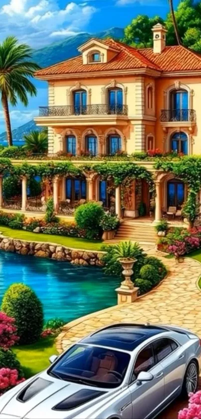 Luxurious seaside mansion with garden and car in vibrant setting