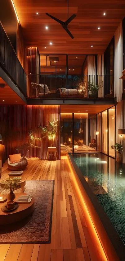 Luxurious modern interior with wooden design and pool.