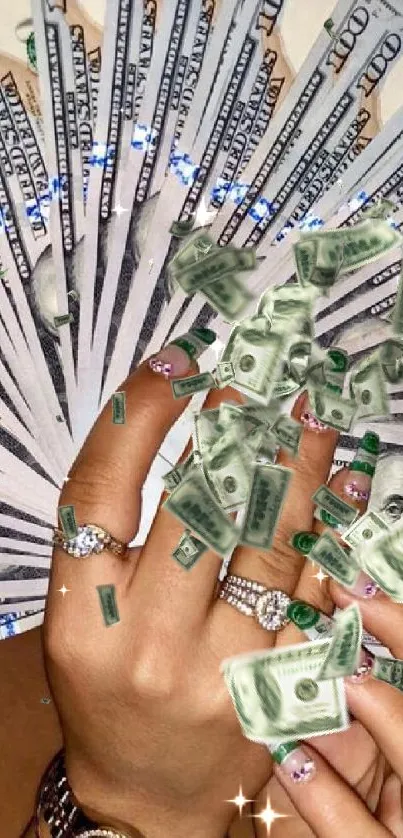 Luxurious display of dollar bills with elegant jewelry and artful nails.