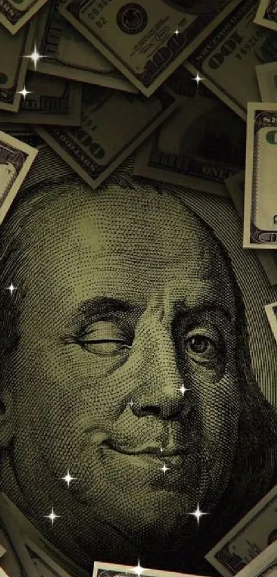 Winking Benjamin Franklin on wallpaper with dollar bills.