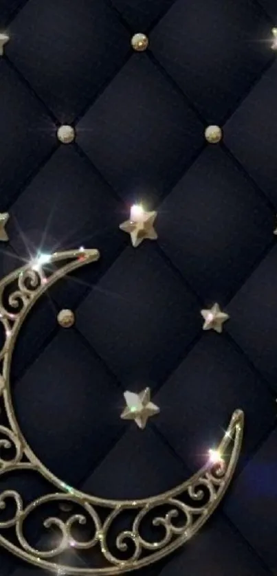 Luxurious wallpaper with stars and crescent moon on a quilted dark background.