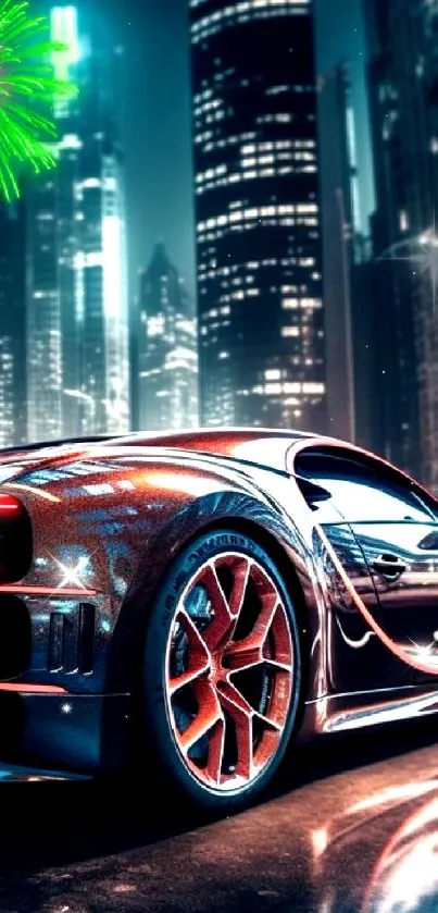 Sleek sports car against a city nightscape backdrop.