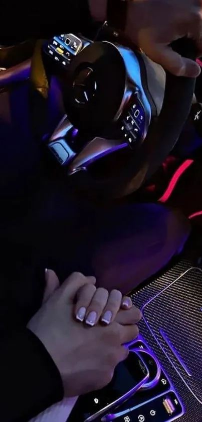 Luxurious car interior with ambient lighting and hands gripping the steering wheel.