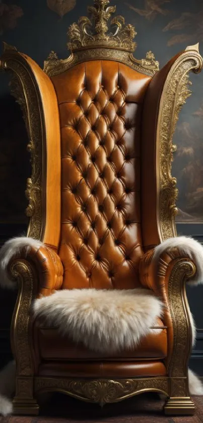 Ornate brown leather throne with gold details and faux fur accent.