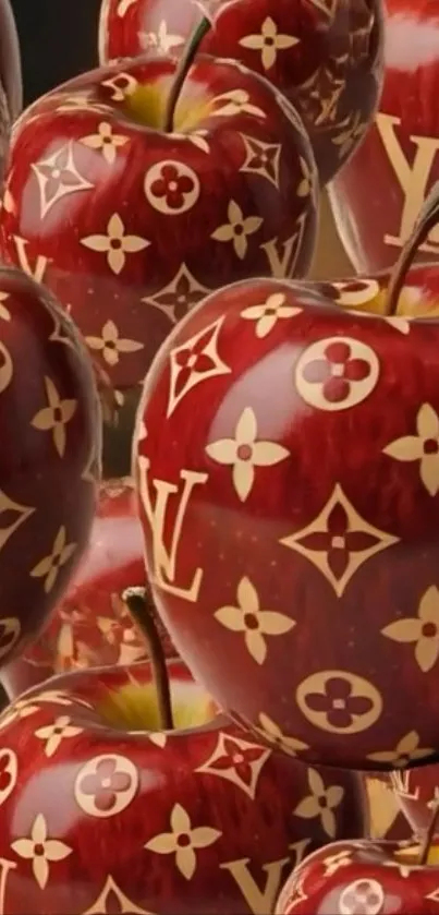 Luxurious red apples with gold patterns wallpaper.