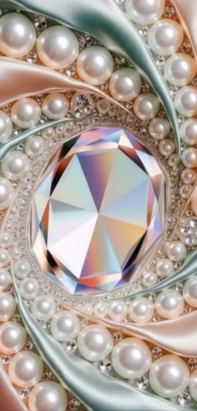 Luxurious wallpaper with pearls and a central gemstone design.