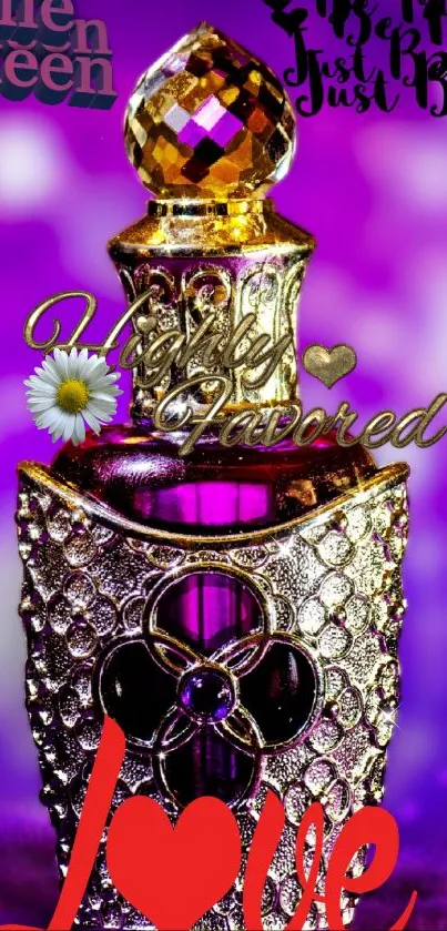 Luxurious perfume bottle with purple and gold accents on wallpaper.