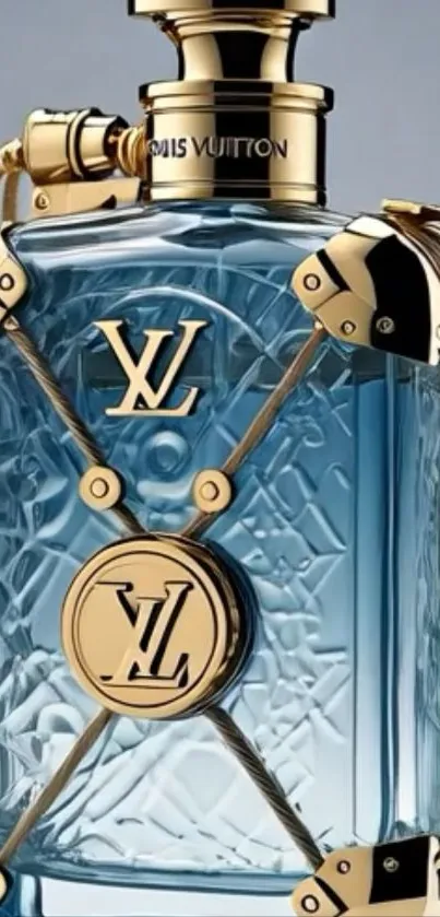 Luxurious perfume bottle with gold accents, artistic design.