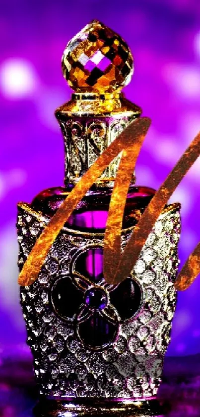 Luxurious perfume bottle with purple and gold background.