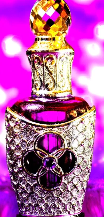 Ornate perfume bottle with gold and purple hues.