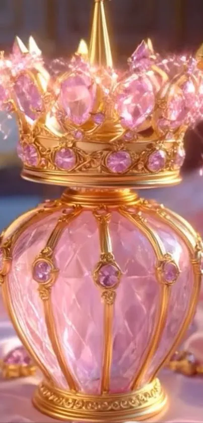Luxurious pink and gold crown with sparkling jewels on a mobile wallpaper.
