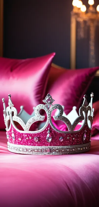 Elegant pink crown with jewels on silky pillows, luxurious theme.