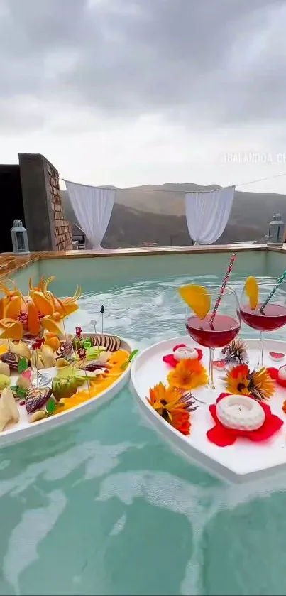 Floating breakfast setup in pool with mountain view backdrop.