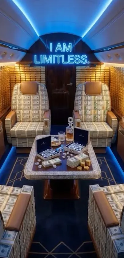 Luxurious private jet interior with 'I AM LIMITLESS' sign.