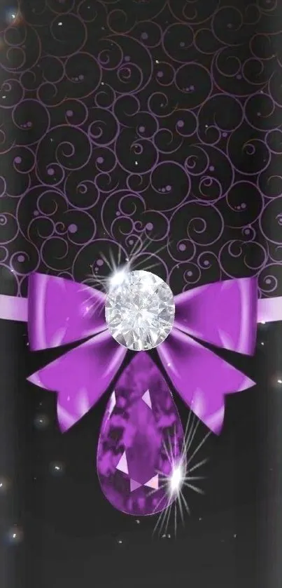 Purple bow with jewel on black wallpaper.