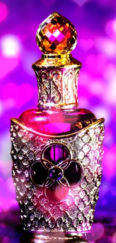 Elegant purple perfume bottle with gold accents against a vibrant backdrop.