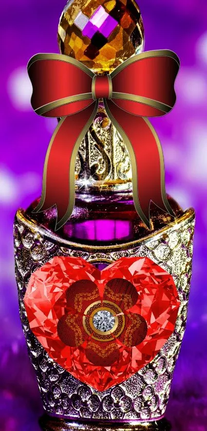 Luxurious gold and purple perfume bottle wallpaper with jewel heart design.