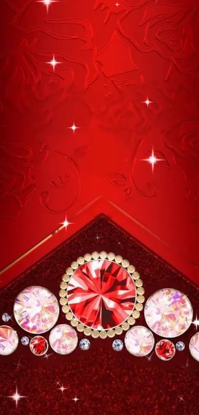 Luxurious red wallpaper with jeweled accents and sparkles.