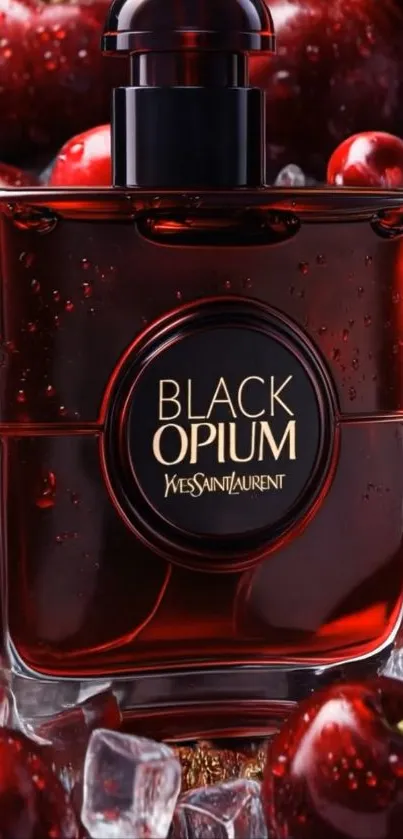 Black Opium perfume bottle with cherries and ice.