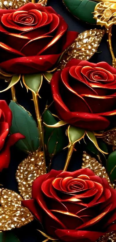 Luxurious red roses with gold accents on a phone wallpaper background.