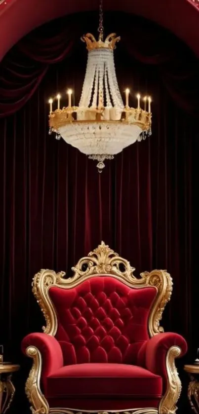 Luxurious red throne room with chandelier and ornate decor.