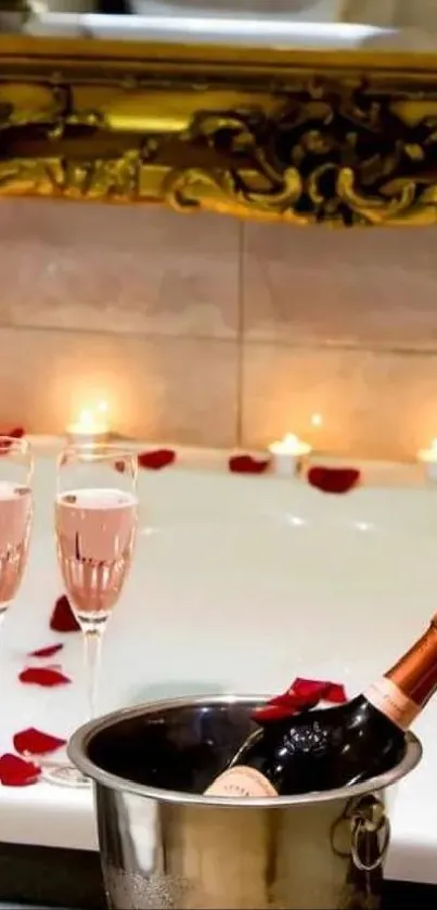 Luxurious bath with rose petals and champagne in an elegant setting.