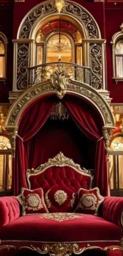 Luxurious royal red sofa with gold detailing in an opulent setting.